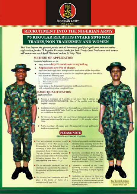 Nigerian Army 75 Regular Recruitment For 2016 is Ongoing
