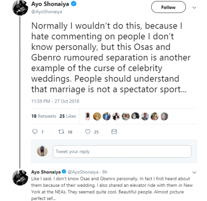 Osas and Gbenro rumored separation is example of curse of celebrity wedding – Ayo Shonaiya