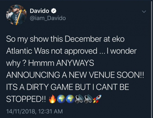Davido reveals why Eko Atlantic concert was not approved