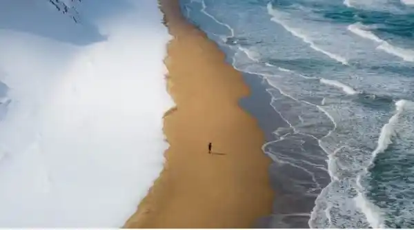 Hokkaido beach in Japan where sea meets snow and sand